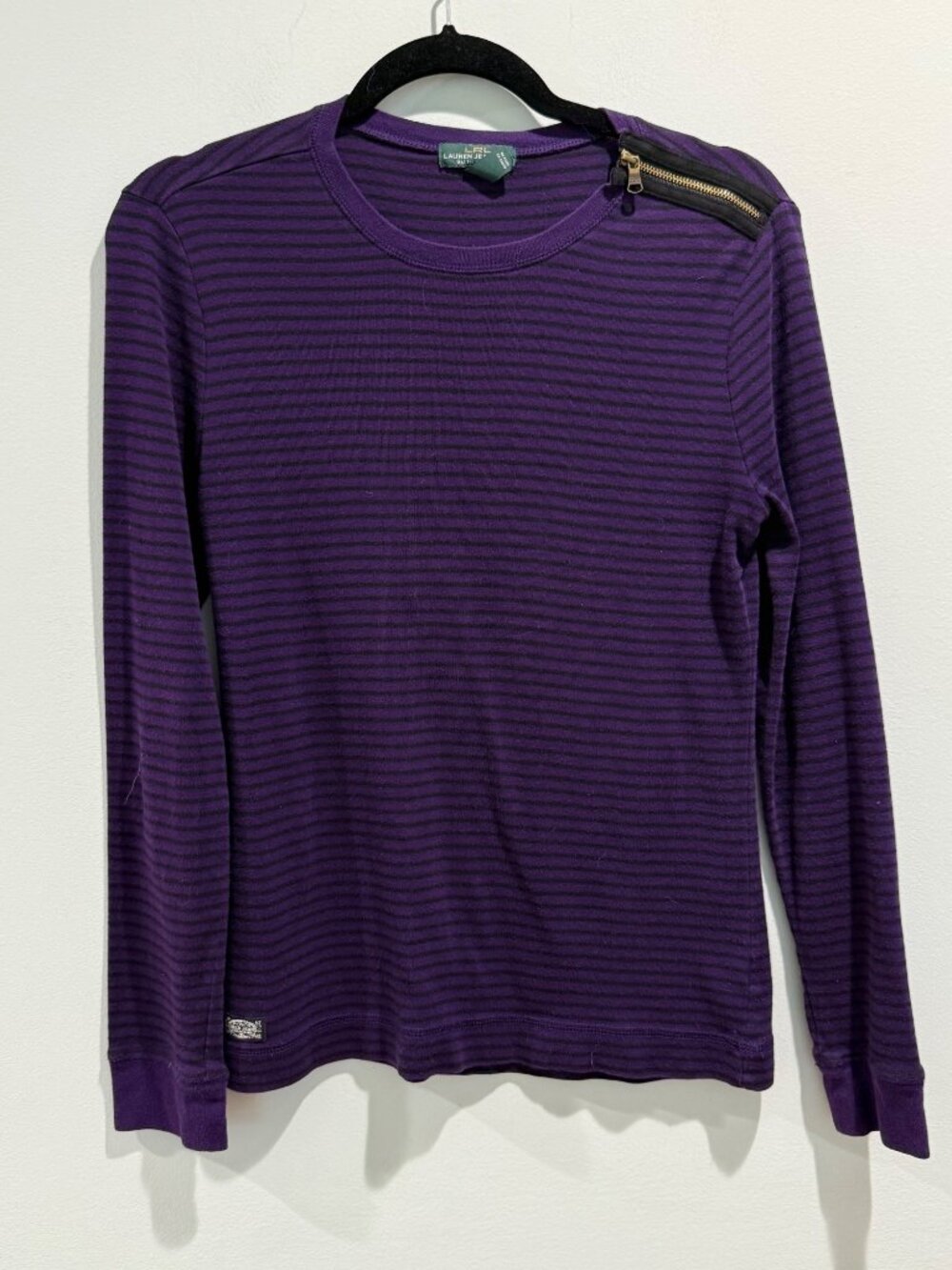 LRL Lauren Jeans Co Y2K Purple Black Striped Shoulder Zip Long Sleeve Top Large